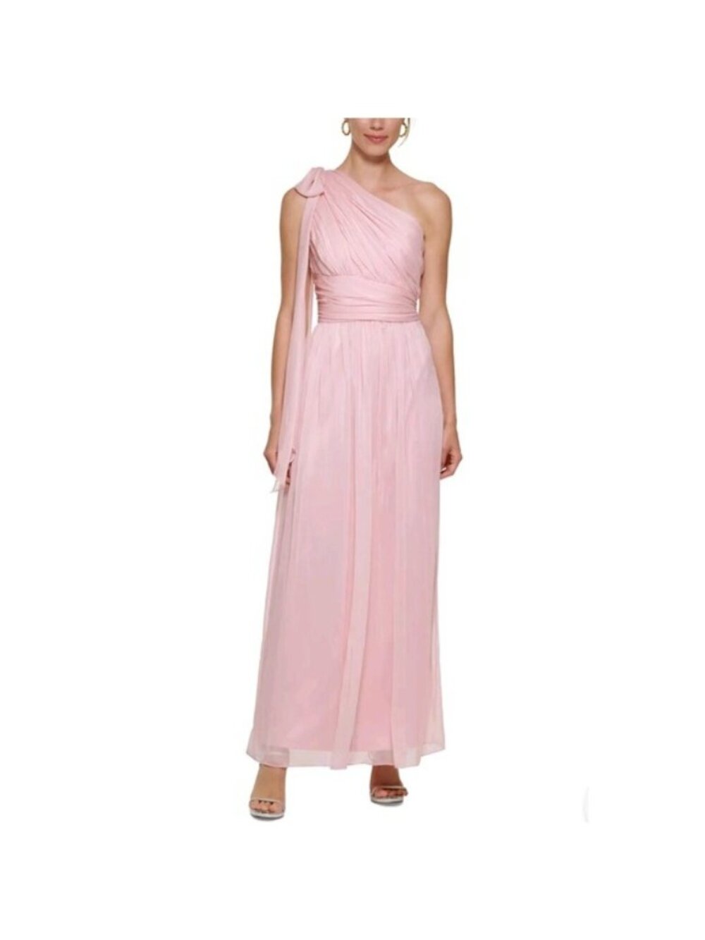 NWT DKNY Womens Pink Chiffon Pleated Sleeveless Bow One Shoulder Gown Size 6